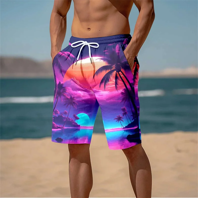 Summer New Harajuku 3D Cocoanut Trees Printing Beach Shorts Palm Tree Graphic Board Shorts For Men Hawaiian Cool Swimming Trunks