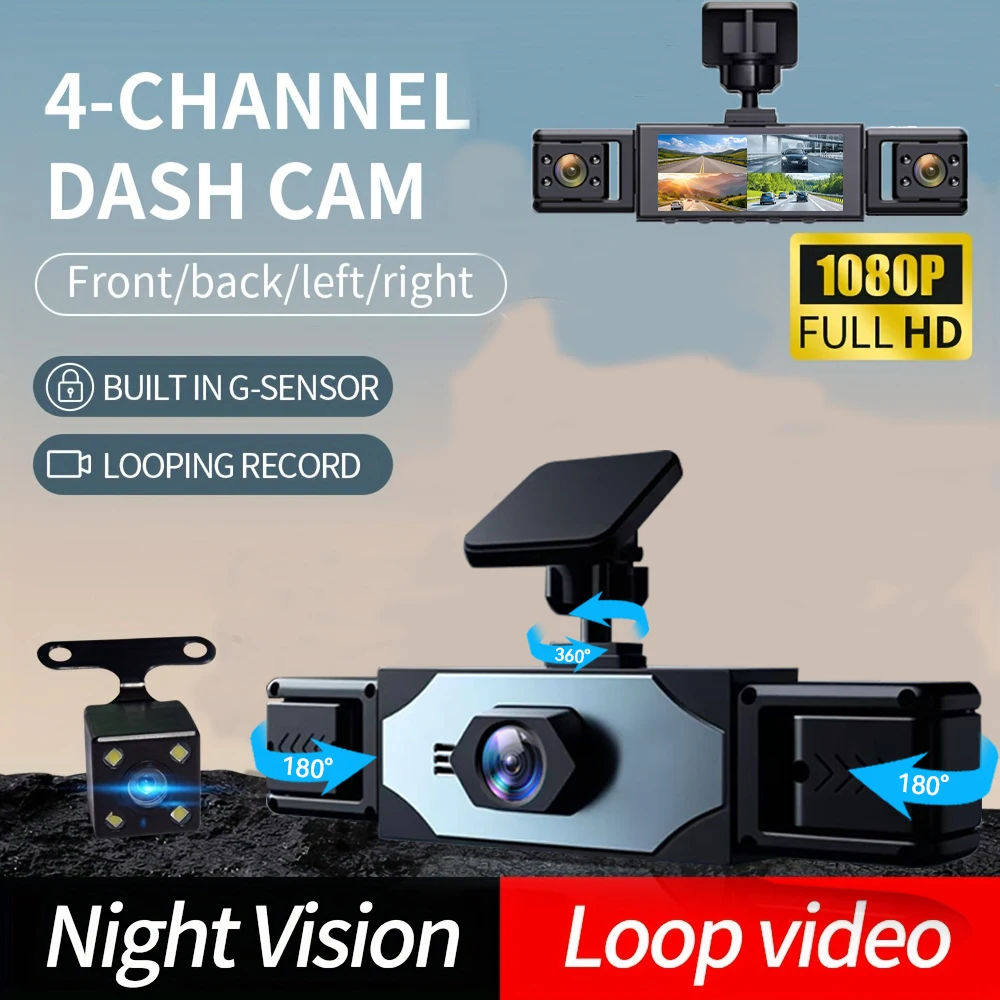 

1080P Dash Cam with 4 Channel Quad Camera, Front/Left/Right/Rear, 8 IR Night Vision, Loop Recording, G-Sensor