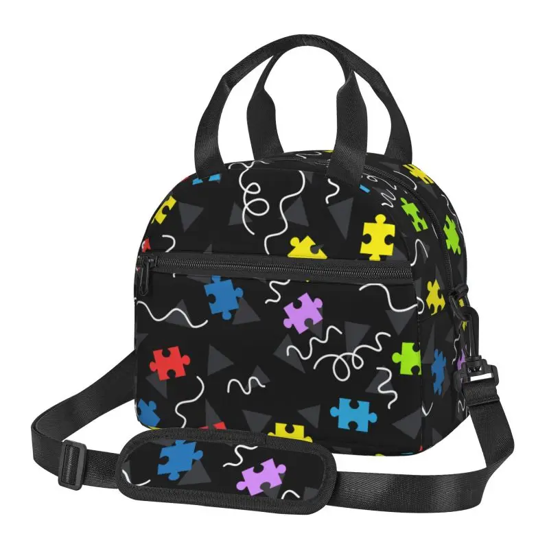 Autism Awareness Colorful Puzzle Pieces Print Insulated Lunch Bag Portable Thermal Cooler Bento Bag for Work School Beach Picnic