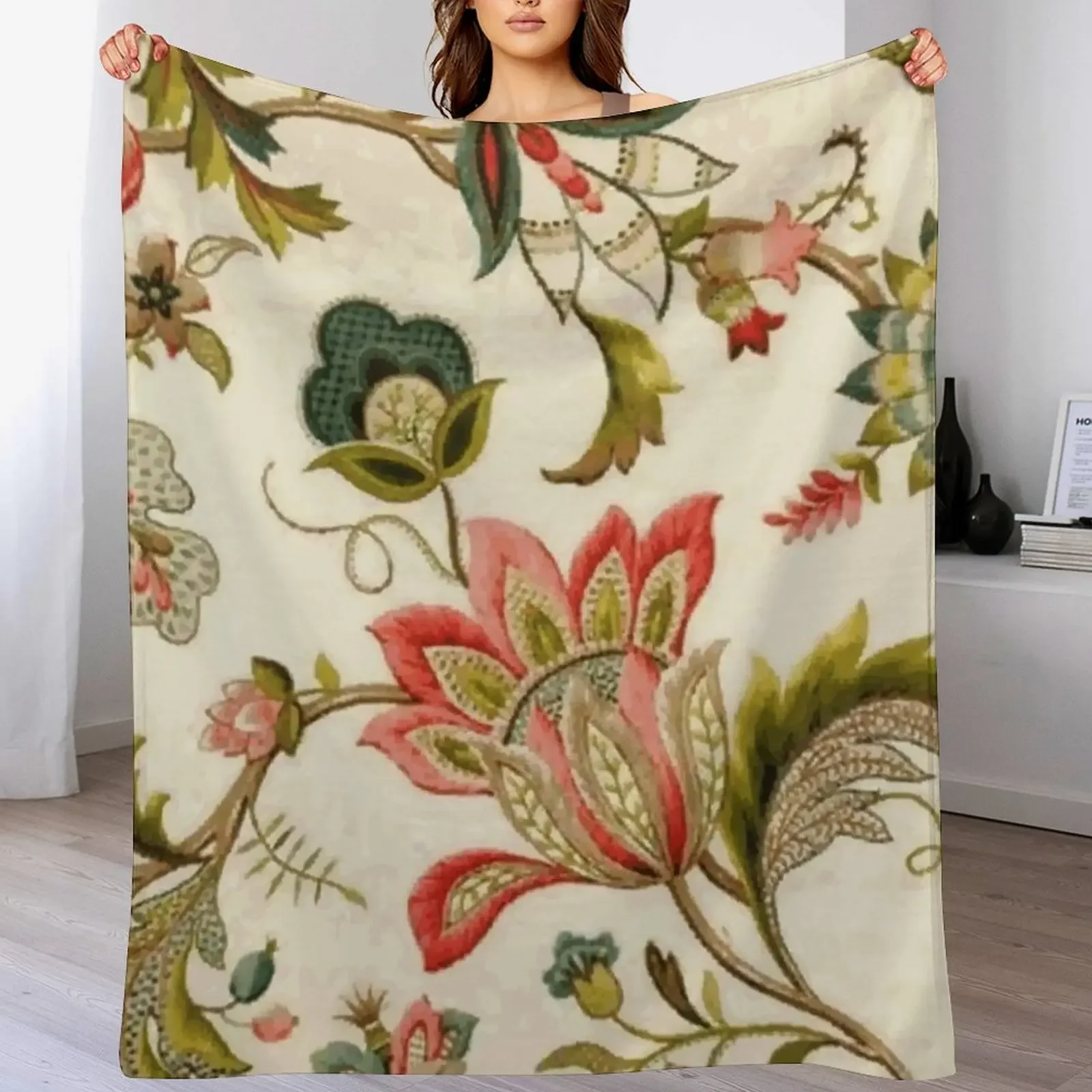 Jacobean Floral Crewel Embroidery Pattern Digital Art Vector Painting Throw Blanket Loose Shaggy Blankets