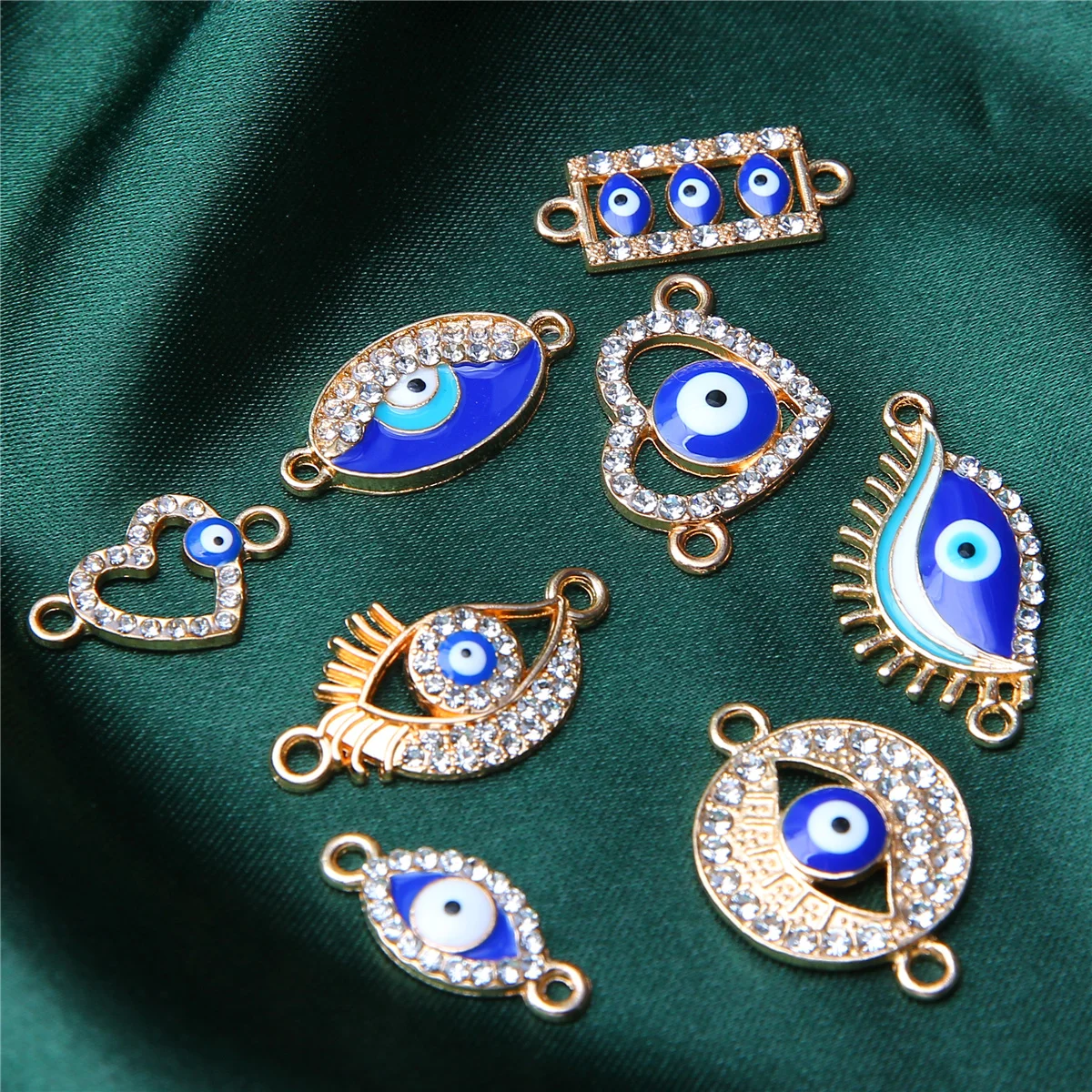 10pcs Blue Devil Eye Double Hole Metal Connector Rhinestone and Enamel Craft Design DIY Popular Jewelry Necklace Bracelet