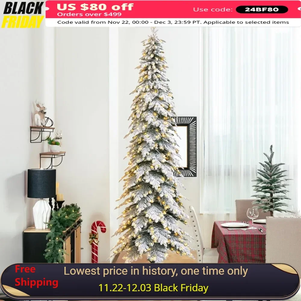 11ft Pre-Lit Flocked Pencil Spruce Artificial Christmas Tree with 700 Warm White Lights