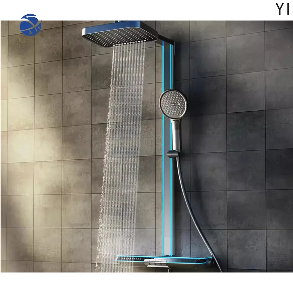 YYHC Meiyani Multifunctional Brass  Digital Display Waterfall Shower Head Full Body Led Light Shiny Massage Bathroom Shower Set