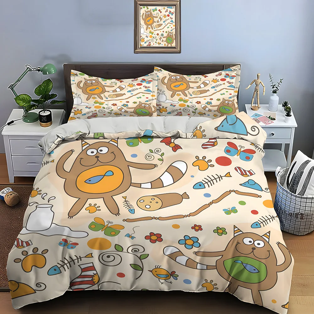 Cartoon cats and playful elements background Bedding Set 1 Duvet Cover 2 Pillowcases for Adult Children Luxury Gift Full Size
