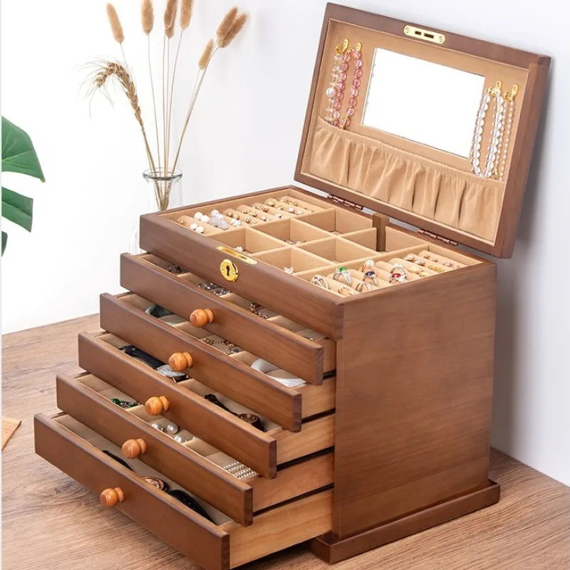 Wooden Large Jewelry Box with Lock Multi Functional Organizers Storage Six Layers Luxury Jewelry Box Set Gift Display Rack