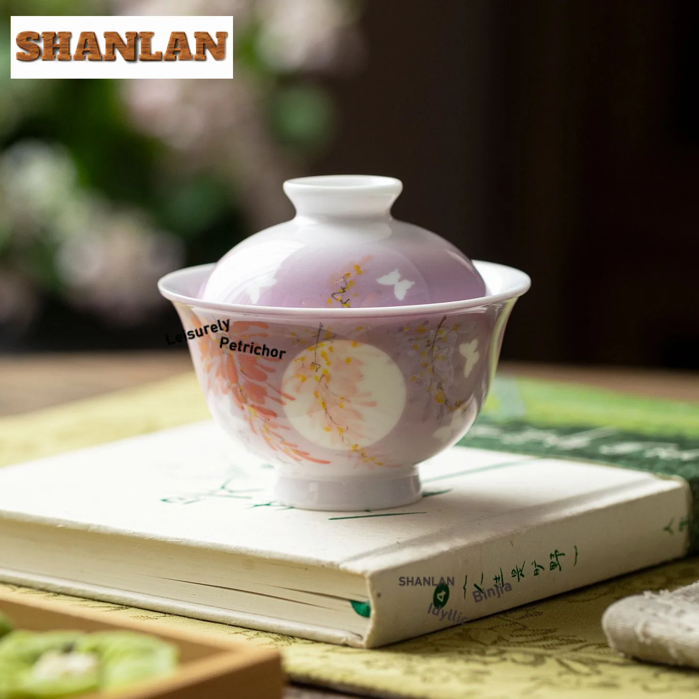 100ml Pure Hand-painted Moon Shadow Wisteria Gaiwan Creative Tea Tureen Tea Bowl With Lid Kit Tea Maker Cover Bowl Tea Items