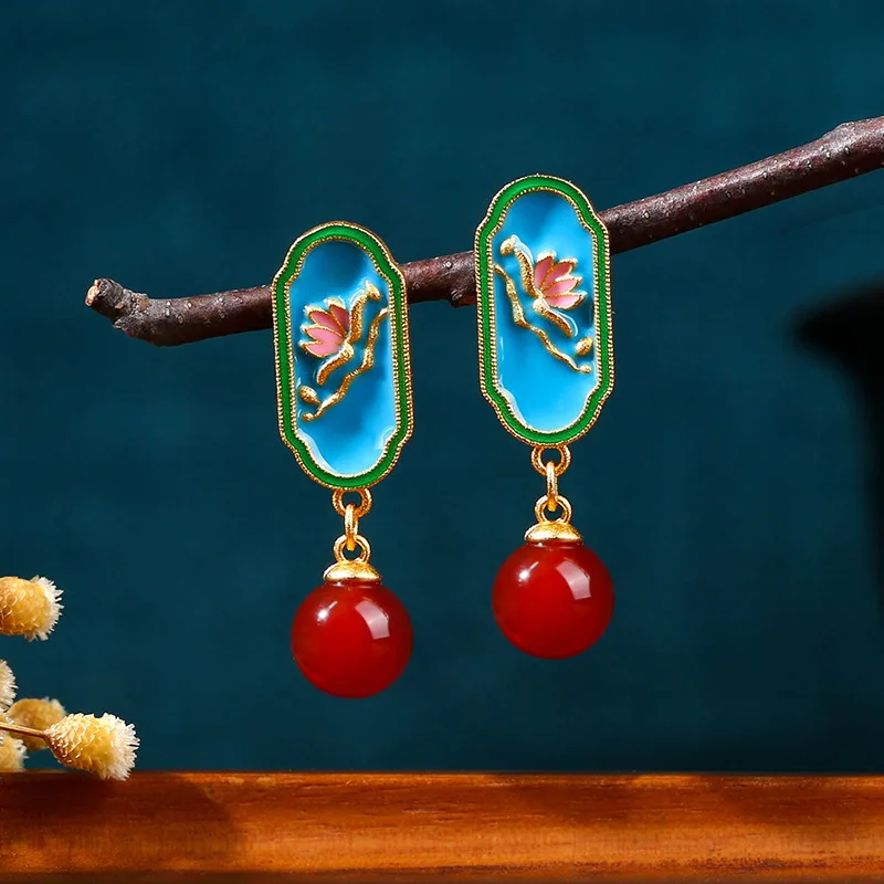 Chinese style copper gold-plated enamel craftsmanship lotus natural jadeite retro women's earrings jewelry