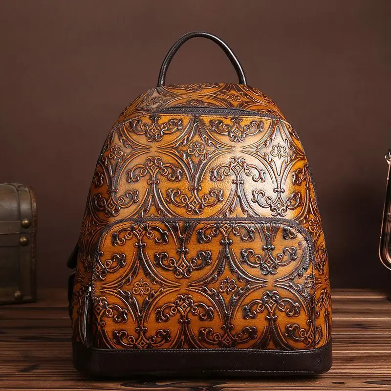 Autumn Winter Package Women Handmade Leather Backpacks Embossed Top Layer Cowhide Bagpacks Big-capacity Travel Bag Schoolbags
