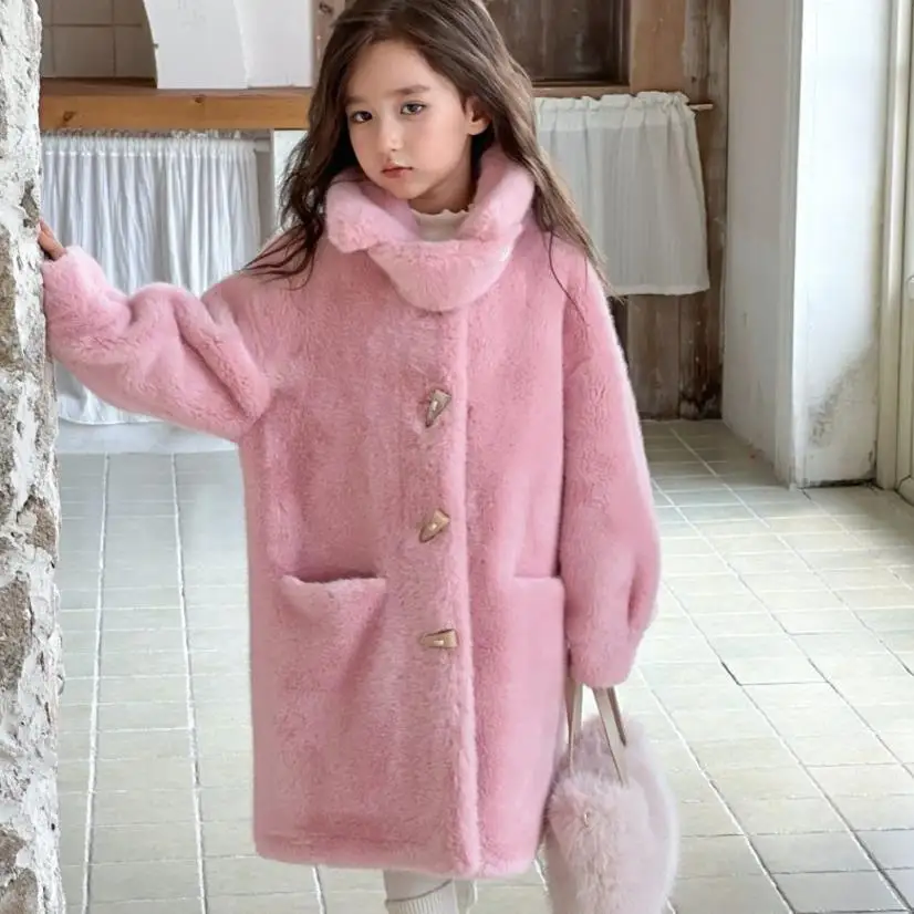 Winter New Girls Faux Fur Jacket Children\'s Imitation Mink Fur Thickening Warm Overcoat Coat A4253