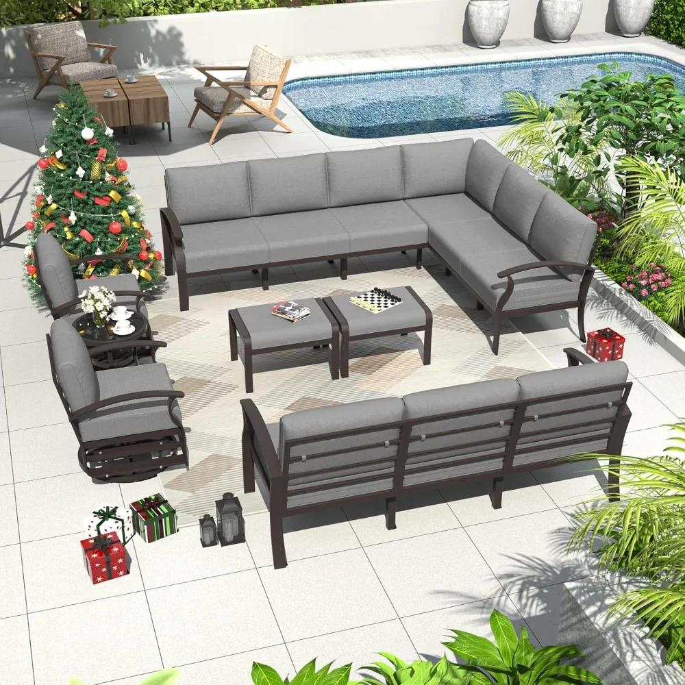 Aluminum Patio Furniture Set with 2 Swivel Chairs L-Shaped Sofa Set 13-seat Metal Outdoor Furniture Patio Conversation