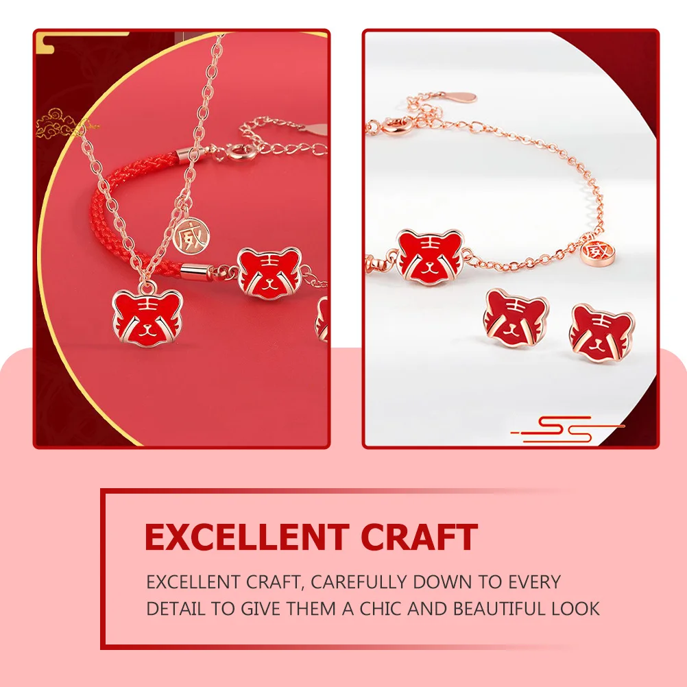 

1Set Chinese Necklace Ear Studs Bracelet 2022 New Year Jewelries Chic Beautiful Design Easy Pair Dresses Tshirts