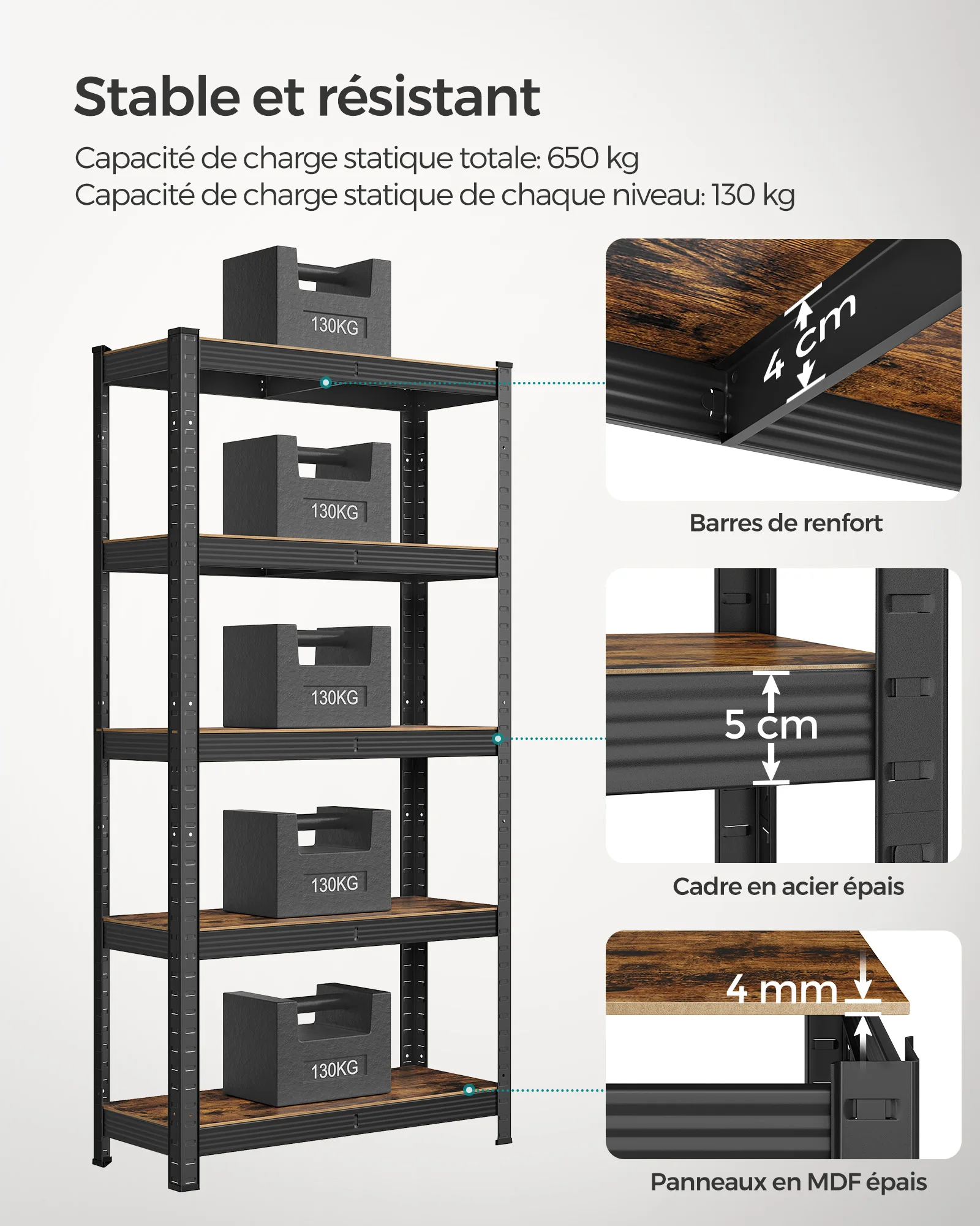 SONGMICS Shelving Unit, 30 x 75 x 150 cm, 650 kg Load Capacity (130 kg per Shelf), Industrial, Adjustable Storage Shelves