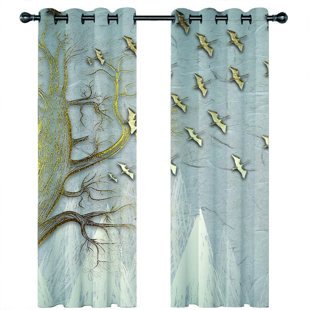 HUANZHUANG Blackout Curtain Abstract Gold Birds 2Pcs Painting Print Curtain Polyester Material For Living Room Bedroom Kitchen