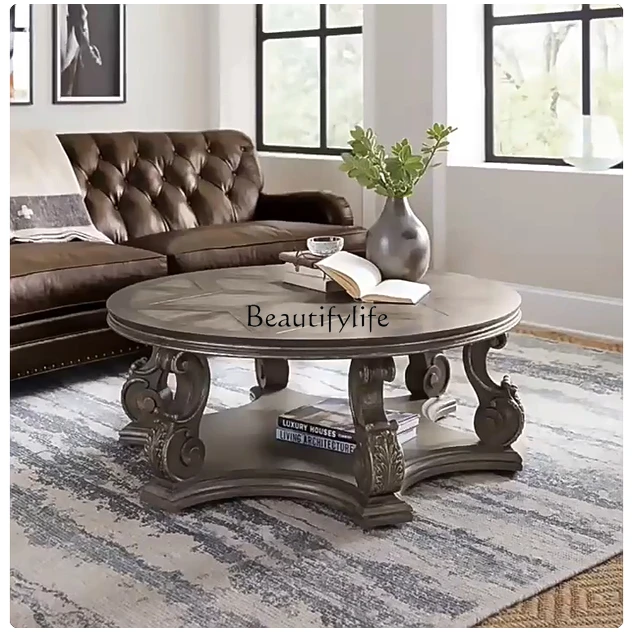 

American solid wood round villa old French retro round coffee table classical carving