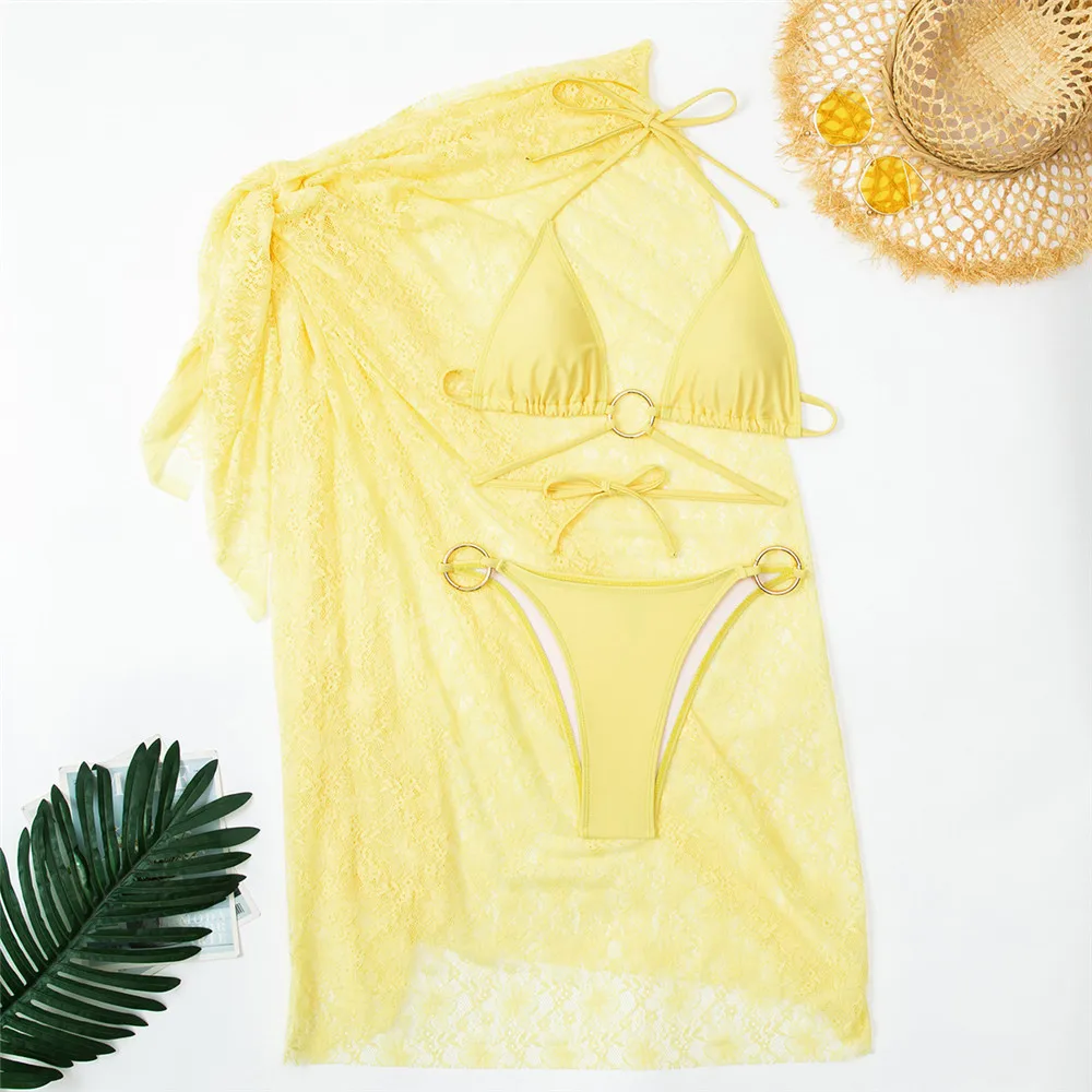 الصلبة الأصفر الرسن سلسلة مثلث البيكينيات مجموعات 3 قطع الدانتيل شبكة التستر ملابس السباحة مايكرو ثونغ مثير ملابس السباحة النساء 2026 #1