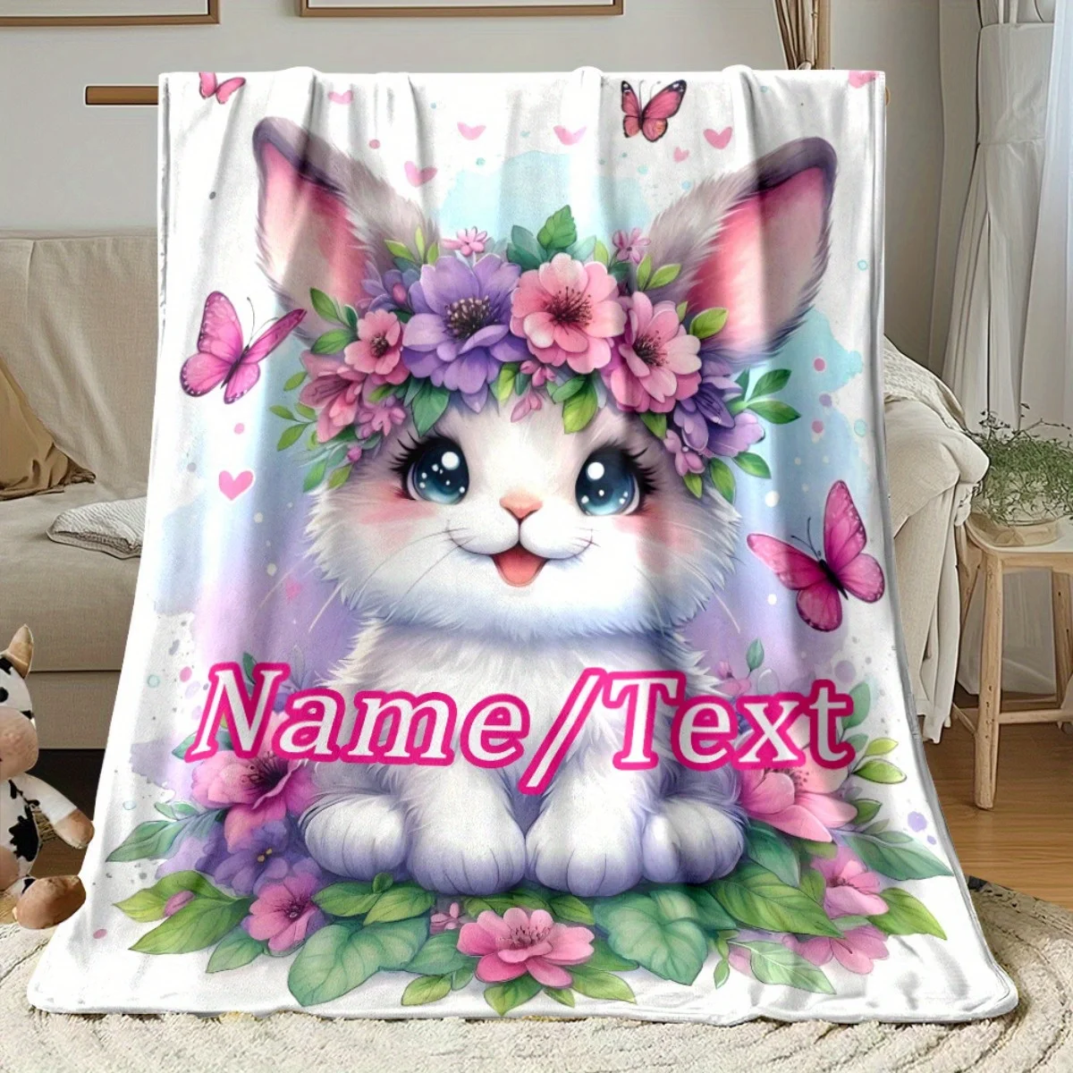 Customized name rabbit flannel blanket, suitable for sofa, bed, birthdays, children, friends, gifts