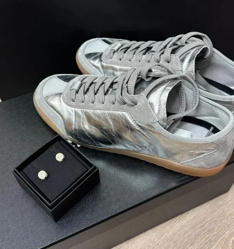 Silver Thick Sole Leather German Trainer Loafers Women Cushioned Spring Casual