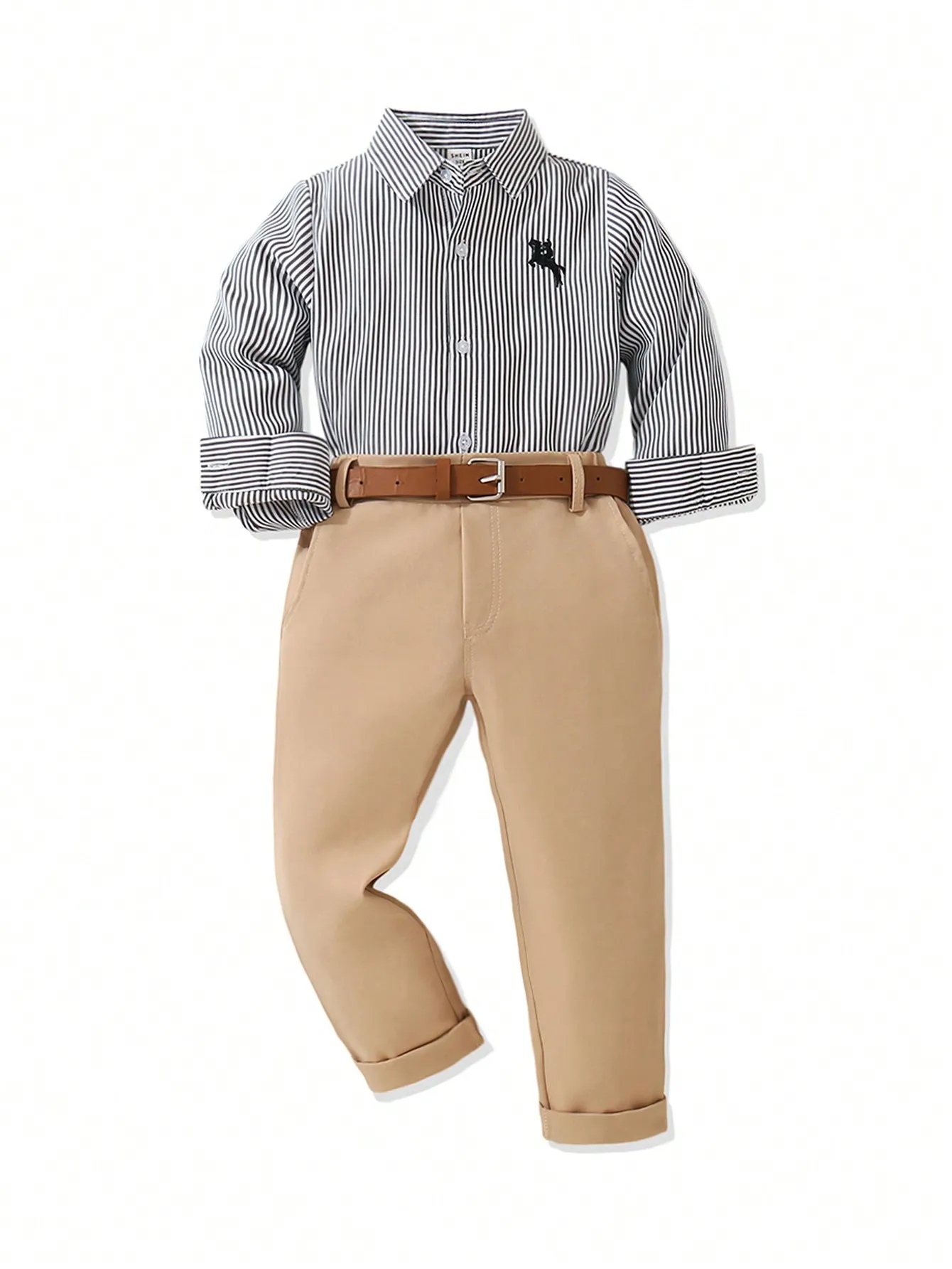 

Формальный комплект из 2 предметов для мальчиков: полосатая рубашка с длинным рукавом и брюки цвета хаки с поясом