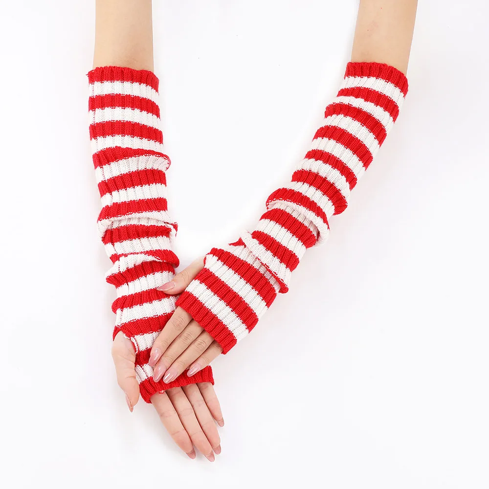 Black and White Striped Style Long Fingerless Gloves Women Winter Arm Warmer Knitted Arm Sleeve Casual Soft Girls Mittens