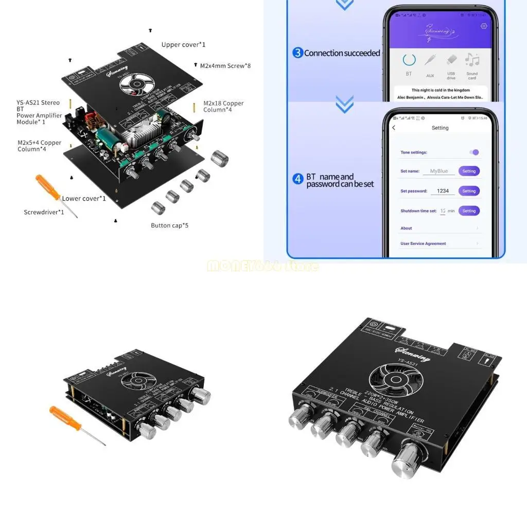

F62C 220WX2+350W TPA3255 YS-AS21 2.1 канал, совместимый с Bluetooth-совместимым модулем цифрового усилителя мощности DC18-38V