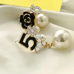Camellia Flower Earrings korean Black Asymmetric Black Rose Pearl Earrings with number 5 and rhinestone Earrings