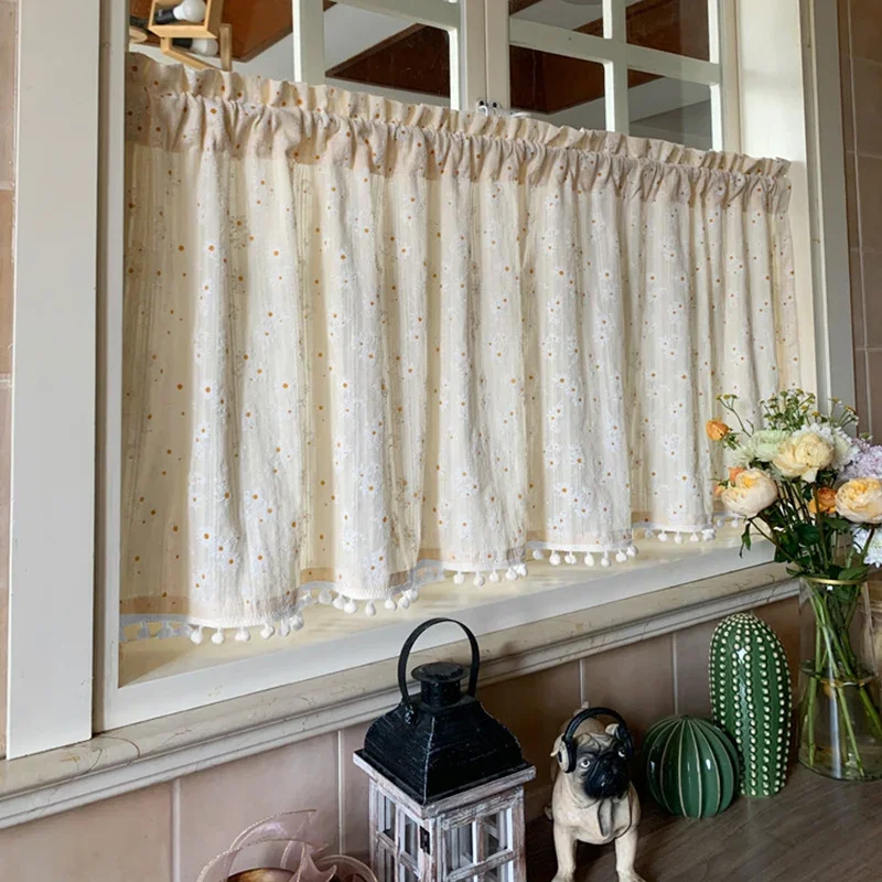 Hairball Tassels Short Curtains Small Fresh Daisy Floral Embroidery Curtian for Kitchen Window Dining Door Partition Decoration