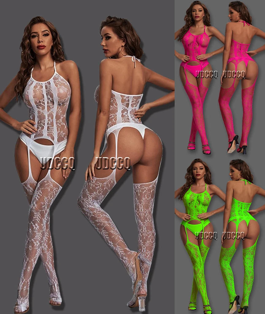 

Sexy Sleepwear plus size lingerie Babydoll BODYSUIT Mesh Floral Temptation Garter Halter Teddy backless Catsuit Nightwear W110