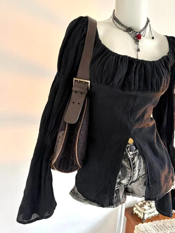 Dark Academia Women Off Shoulder Blouse Flared Bell Sleeve Split Hem Slim Fit Black Gothic Top