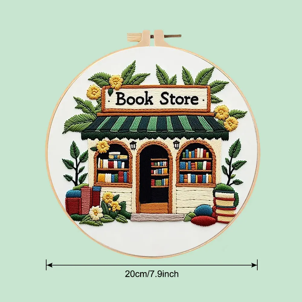 1pc Cross Stitch Kits Landscape House Book Store Hoop Sewing With Needle Flower Embroidery Sets Shelf Home Decor