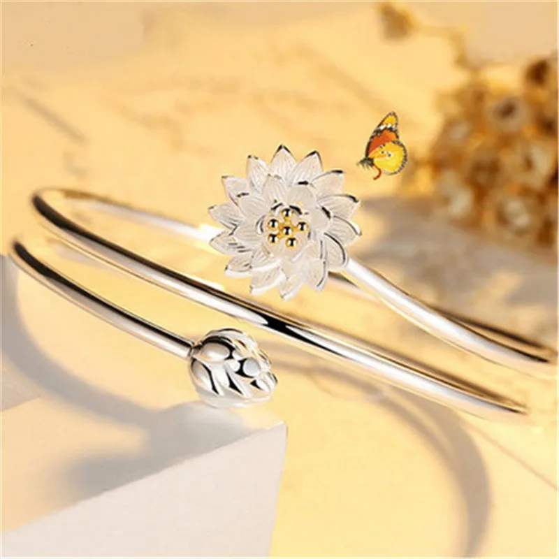 Fashionable Lotus 925 Sterling Silver Bangles Split Layer Opening Bracelets  SL032