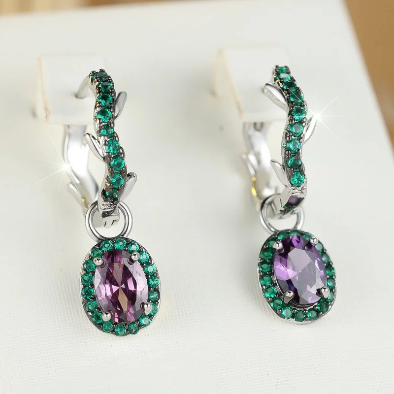European and American Gun Black Egg Shaped Purple Border Green Diamond Ear Buckle High-end Temperament Contrasting Jewelry