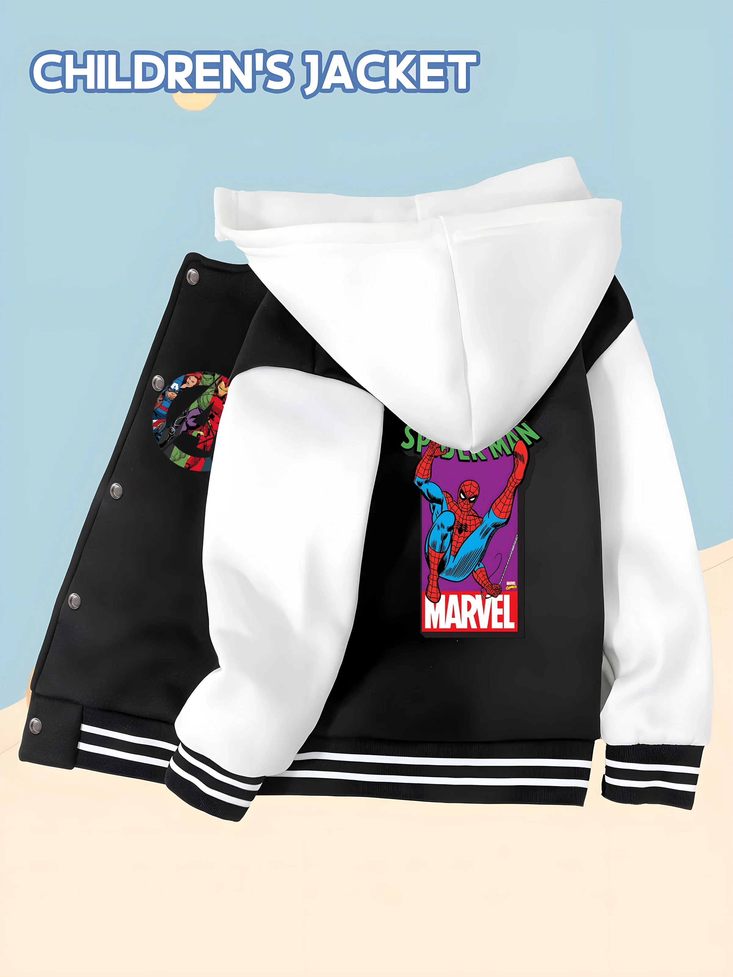 

MINISO Baseball hooded Jacket - Spider-Man retro double-sided pattern design, soft and comfortable fabric, fashionable and warm