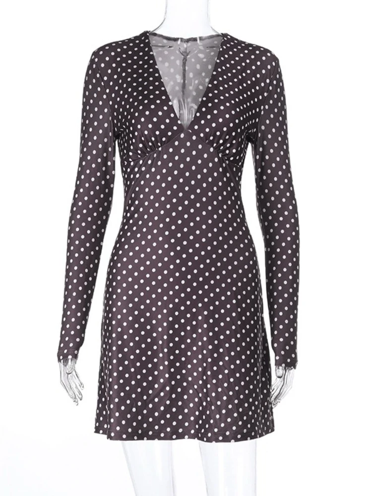 Tossy Mini abito sexy con scollo a V profondo a pois da donna Slim maniche lunghe a vita alta Streetwear Patchwork Abito a contrasto Mini abito femminile