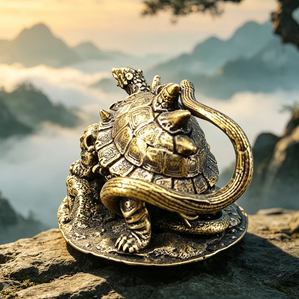 Brass Xuanwu Statue Mini Turtle Snake Figurine Vintage Metal Mythical Beast Ornament Pocket Decor Collectible Amulet Gift