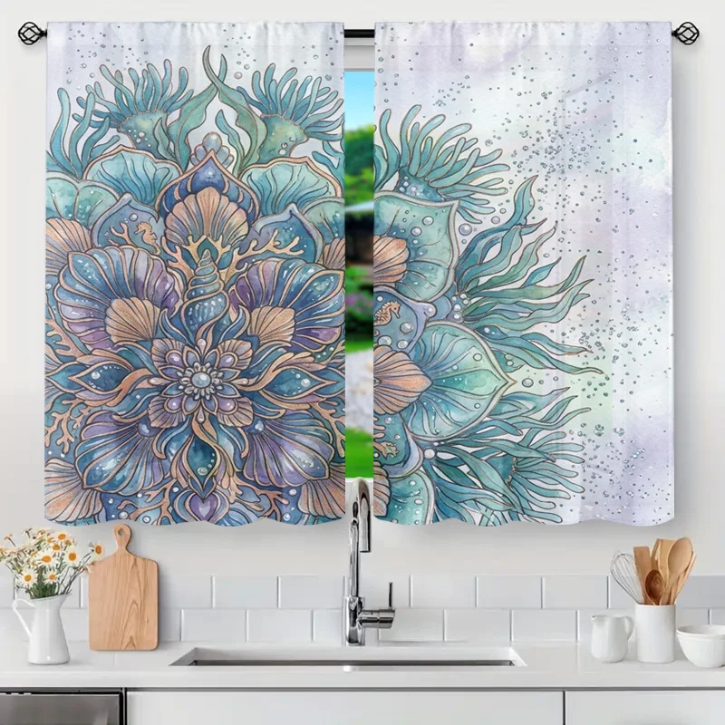 Bohemian Botanical Floral Mandala Curtains Watercolor Window Panel Decorative Drape Lightweight Room Privacy Curtains for Kitche