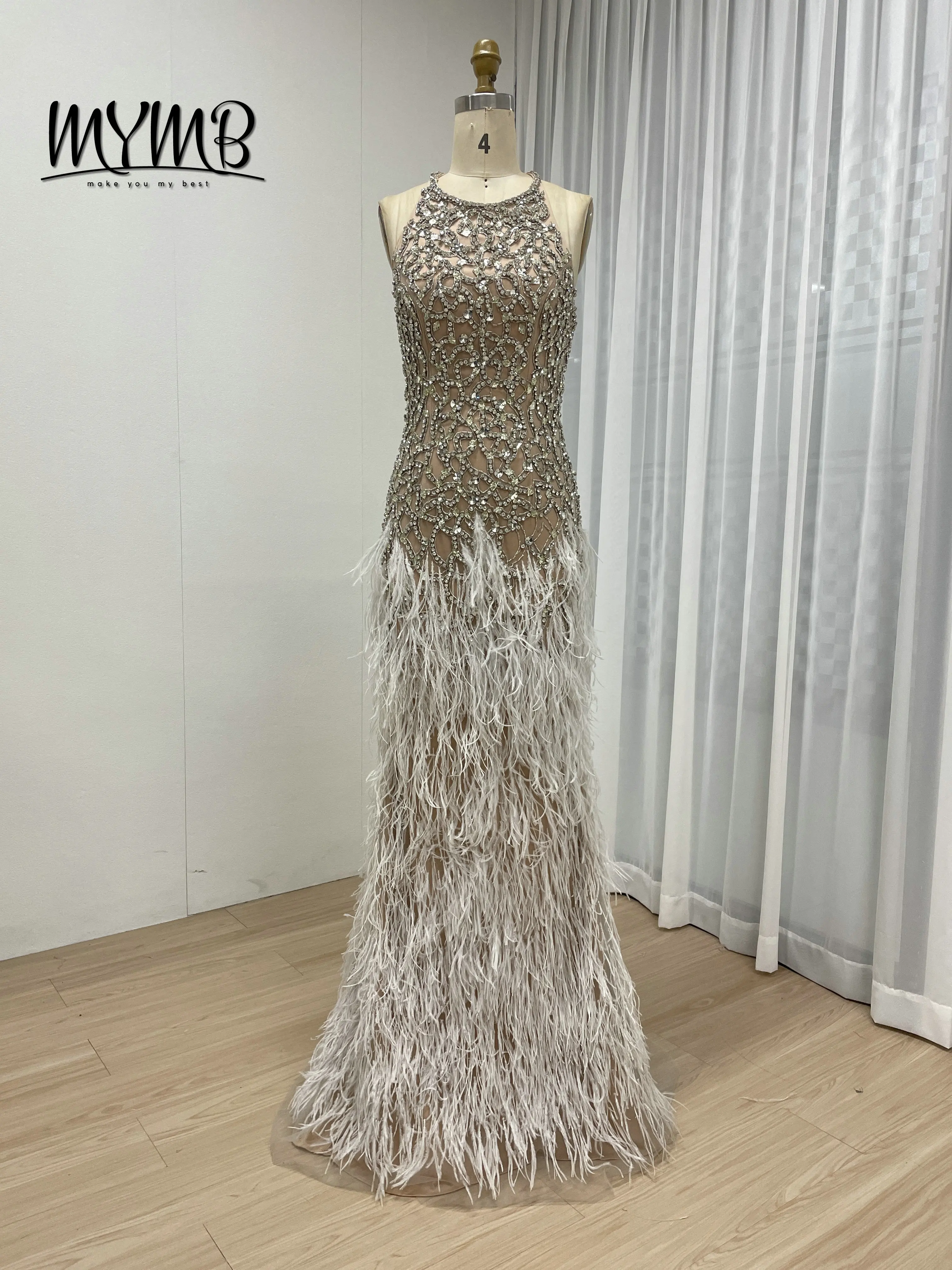 

MYMB Exquisite Luxury Bead Diamond Sexy Sleeveless Backless Feather Bottom Embellished Evening Gown for Formal Occasion MB40416