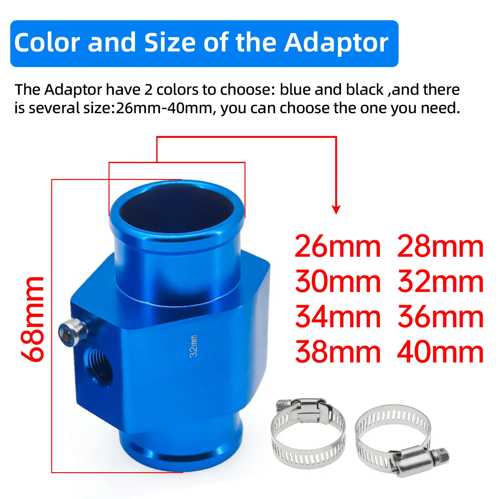 Carro Temperatura da água Medidor, Tubo Comum Sensor, Radiador, Mangueira Adaptador, 40mm, 38mm, 36mm, 34mm, 32mm, 30mm, 28mm, 1Pc