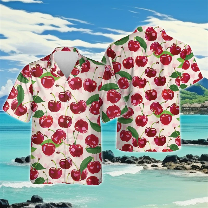 Fashion Hawaiian Cherry Graphic Beach Shirts Casual Vacation Aloha Shirt For Men Clothes Funny Fruit Women Short Sleeve Y2K Tops