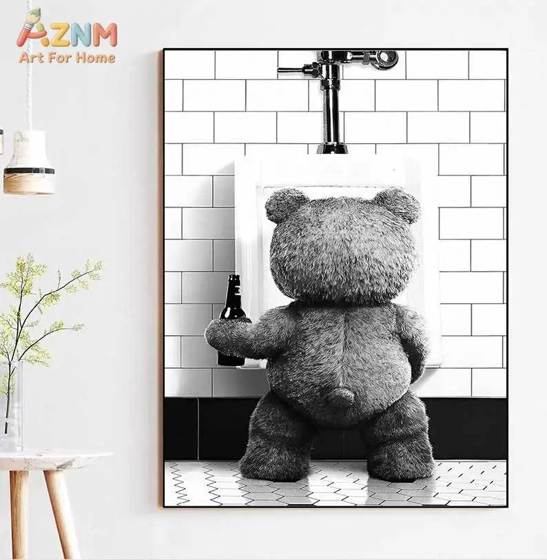 AZNM Funny Teddy Bear Canvas Wall Art Black White Beer Toilet Humorous Animal Bathroom Restroom Unframed Decor Print