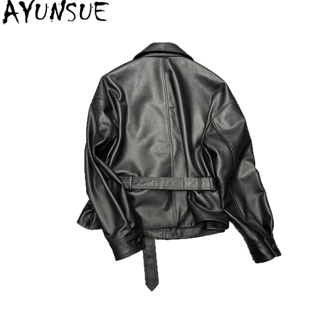 AYUNSUE سترة جلدية حقيقية للنساء 2025 ملابس ربيع الخريف معطف جلد الغنم معاطف نسائية حزام Jaqueta De Couro