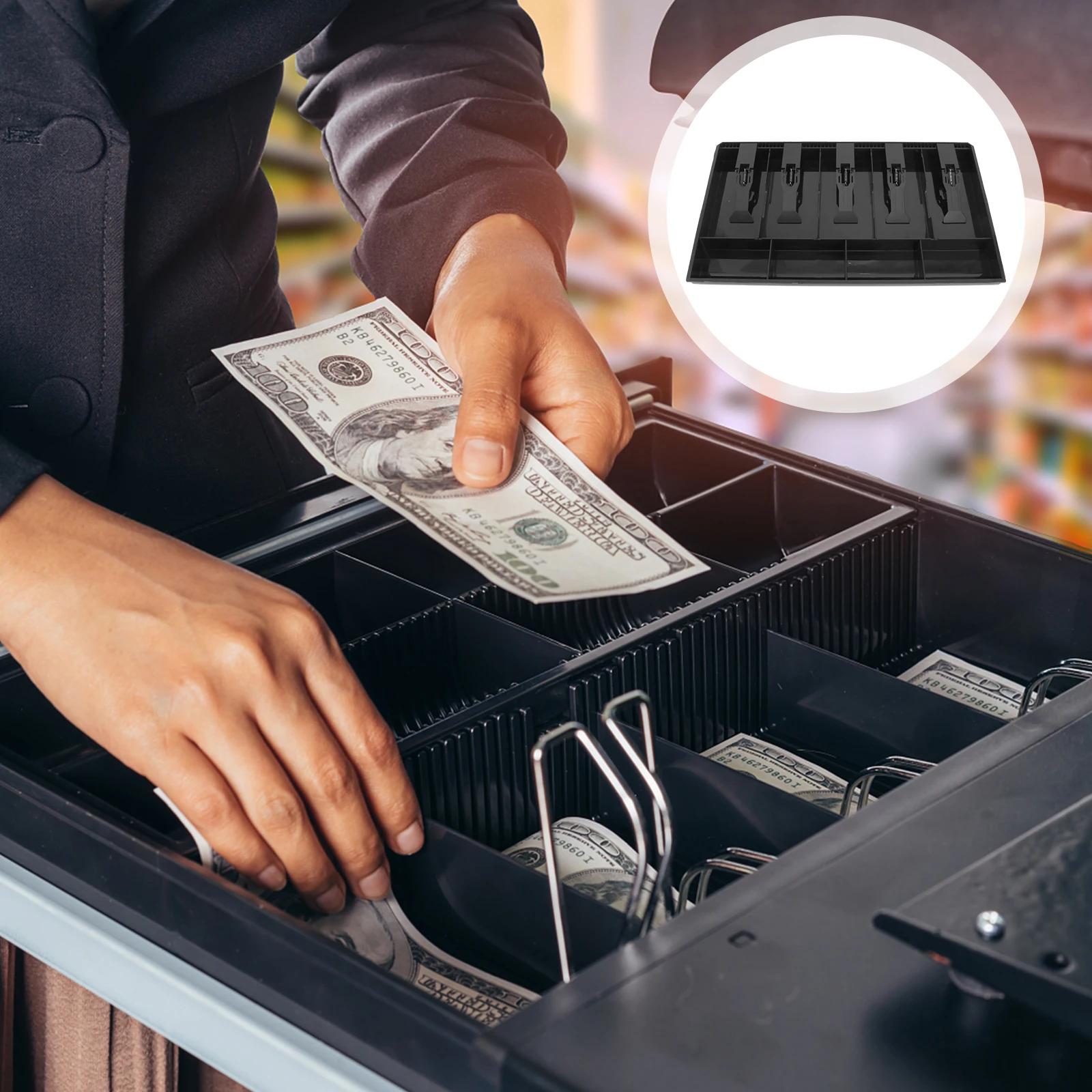 صندوق نقود مع 5 حجرات فواتير و4 صواني للعملات المعدنية لمنظم درج أمين الصندوق في متجر السوبر ماركت حتى إدخال أسود