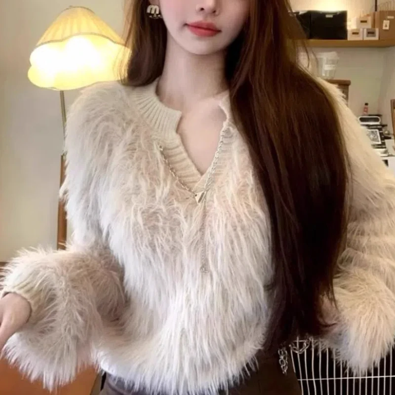 Autumn Winter New Fashion V-neck Long Sleeve Pullovers Women's Clothing Mink Fur Popularity Sweet Trend All-match Loose Sweaters