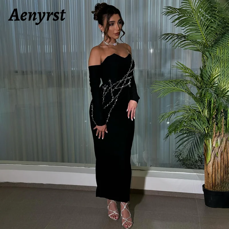 Elegante vestido de baile preto até o tornozelo para mulheres, vestidos de festa frisados querida, vestidos até o tornozelo, Arábia Saudita, elegante