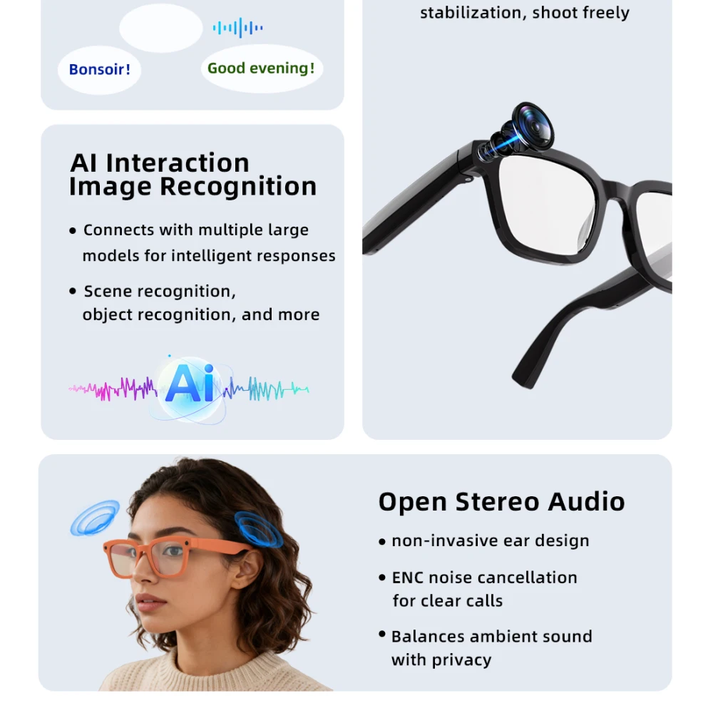 Real-time Translation Glasses AI Smart Glasses 800W Pixel HD Camera Video Shooting Anti Blue Light BT Call Sunglasses Men Women view 4