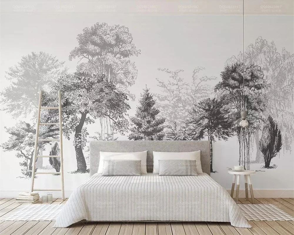 

Custom wallpaper modern minimalist black and white forest bedroom TV background wall decoration wallpaper papel de parede