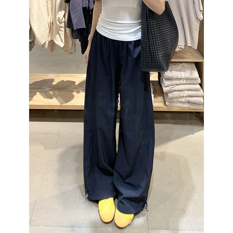 กางเกงขายาวเอวสูงแบบต่อผ้าสำหรับผู้หญิง ทรงหลวมใส่สบายสำหรับฤดูร้อน กางเกงวอร์มทรงตรง เอวยางยืด