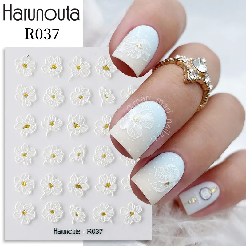 Harunouta Lace Flower Acrylic Embossed 5D Nail Stickers Jellycolor Floral Geometric Sliders Autumn Winter Adhesive Nail Decals