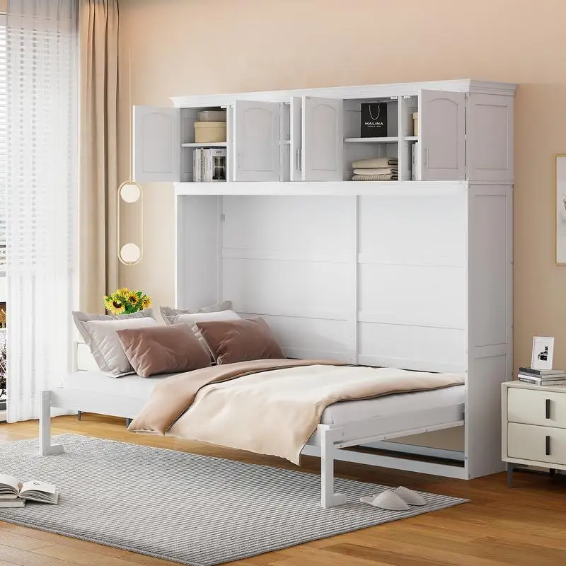 

Murphy Bed with Top Cabinets, Queen Size, White Wall Bed
