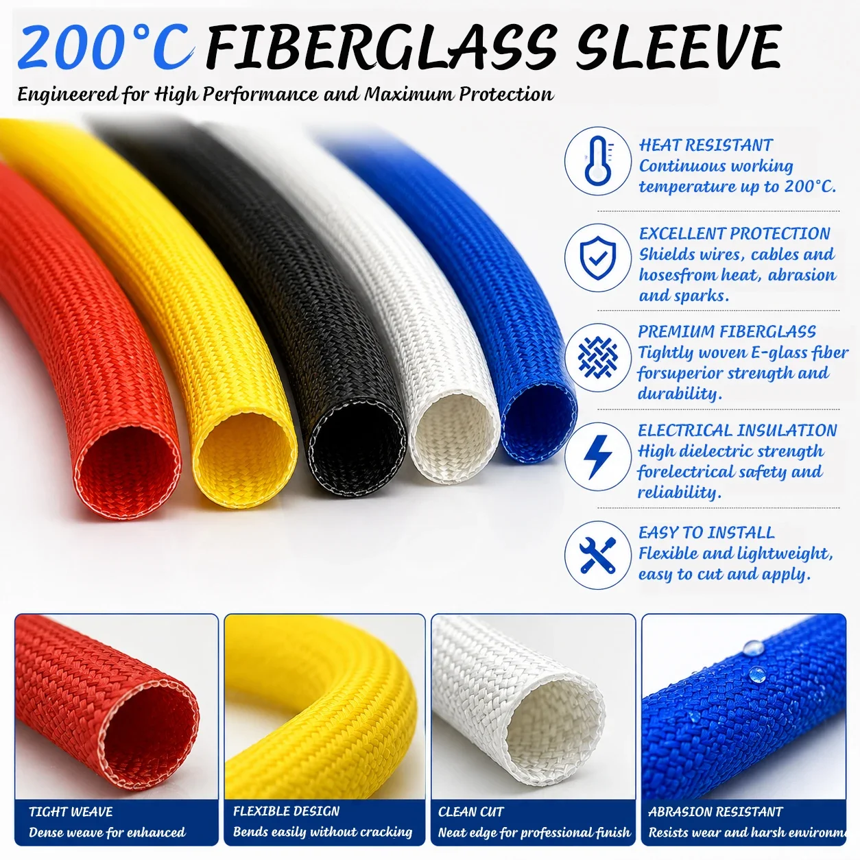 1/3/5M 200 °C Outer Layer Glass Fiber, Inner Layer Silicone Sleeve ID1-20mm Insulated Anti-Static Glass Fiber Sleeve.