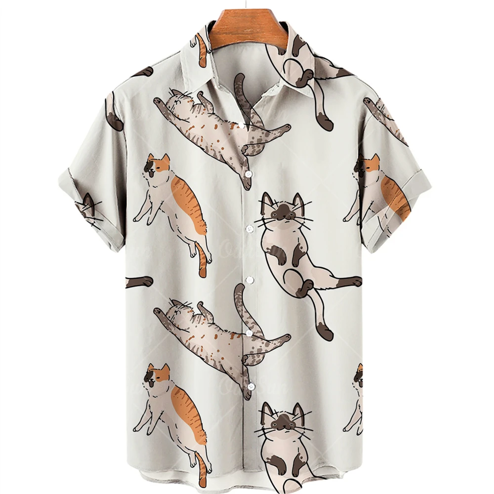 Summer Animal Hawaiian Collar Shirt Print Hip-hop Loose Short Sleeved Top Oversized Cartoon Clothes Casual Dress Vintage